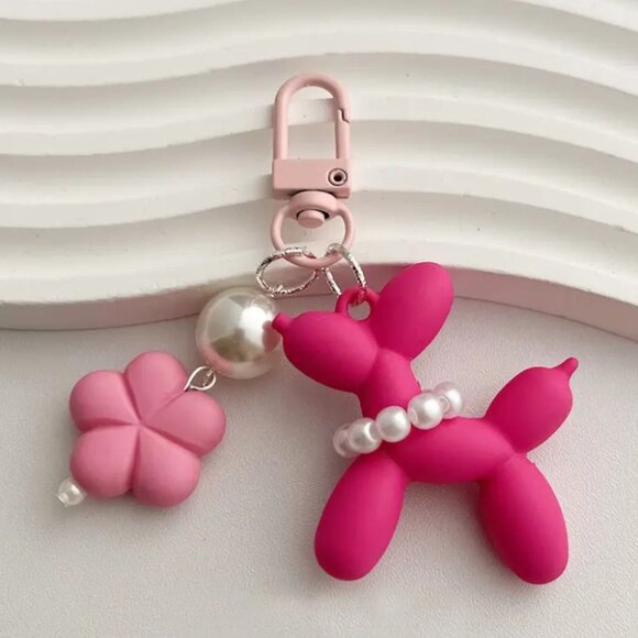 Set of 2 Cute Balloon Dog with Pearls & Flower Charm Keychains Pink & Fuchsia - Picture 4 of 6